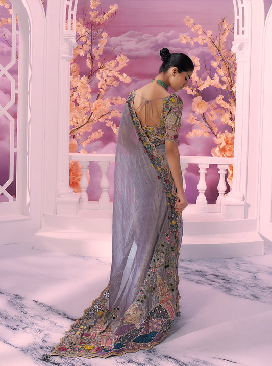 Grey Tissue Cutwork Sarees - Ankush Jain