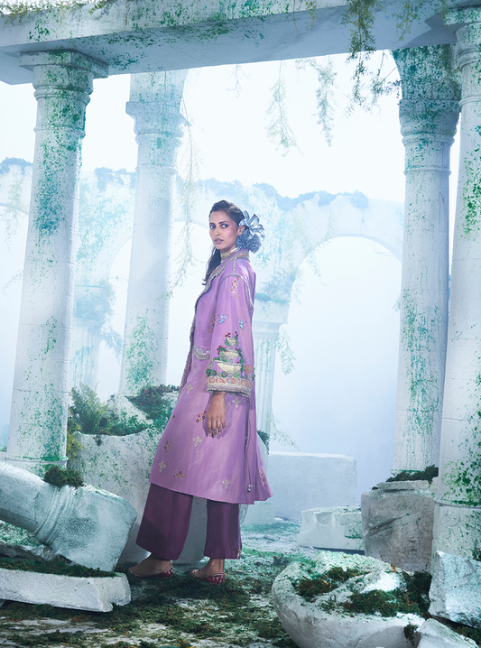 Light Purple Size Friendly Trench Coat With Silk Pant - Ankush Jain