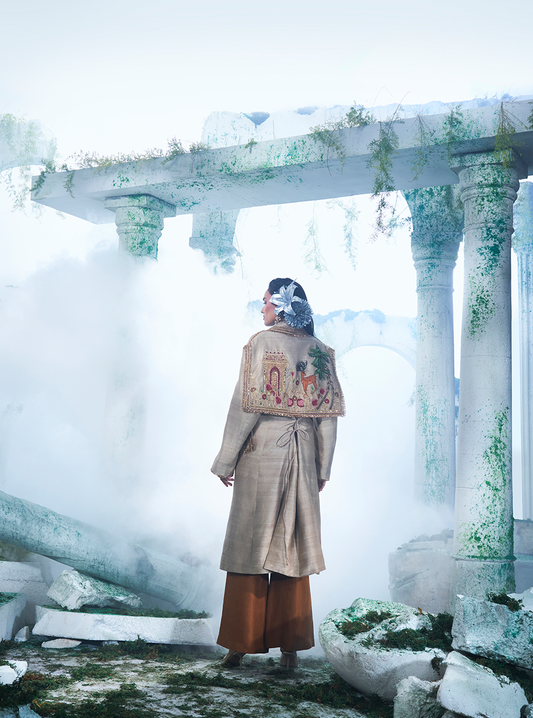 Deep Dusky Beige Size Friendly Trench Coat Paired With Pure Dupian Silk Flared Pant - Ankush Jain