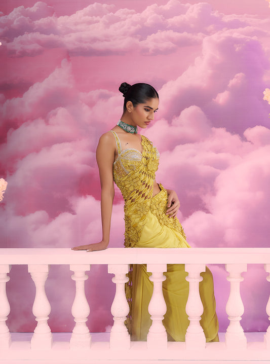 Yellow Cutwork Drape Saree - Ankush Jain