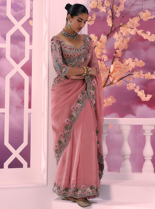 Pink Cutwork Panther Saree - Ankush Jain