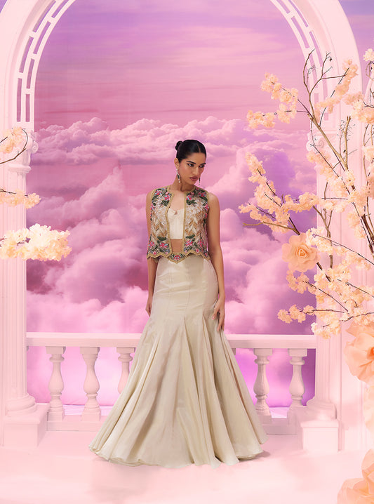 White Incut Jkt+mermiad Skirt - Ankush Jain