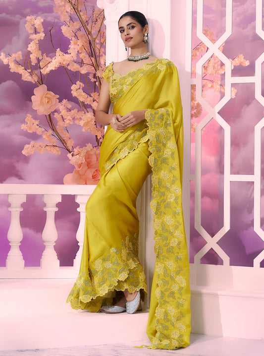 Yellow Satin Organza Saree - Ankush Jain