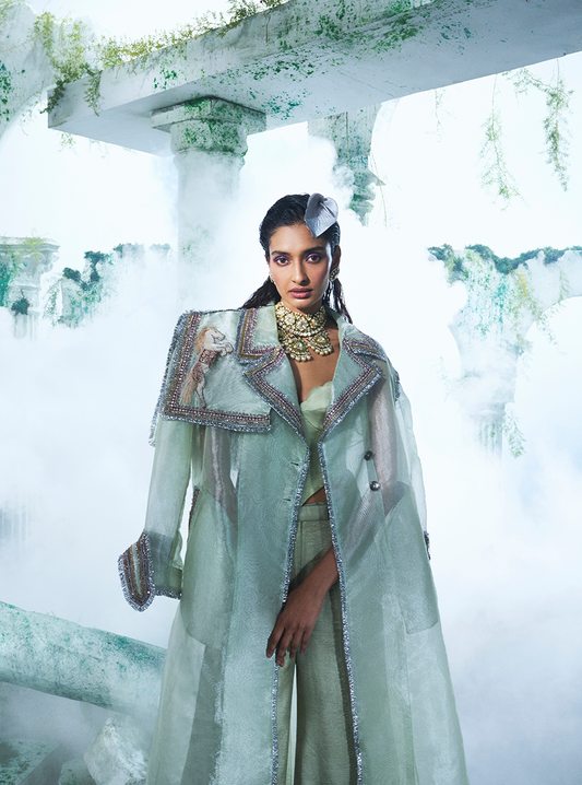 Soft Mint Green Trench Coat Paired With Gajji Satin Silk Corset Top And Pant - Ankush Jain