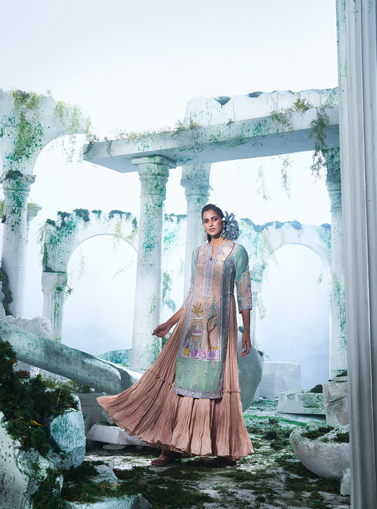 Soft Green Kurta Paired With A Flared Gown - Ankush Jain
