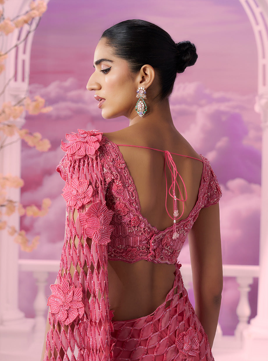 Pink Cutwork Drape Saree - Ankush Jain