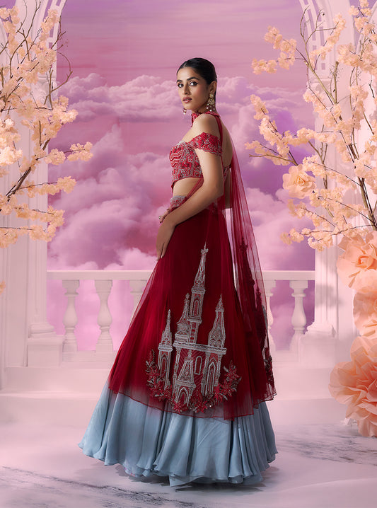 Red Grey Fish Cut Skirt Out Fit - Ankush Jain