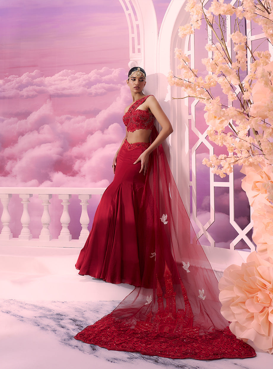 Red One Shoulder Bp With Mermaid Skirt - Ankush Jain