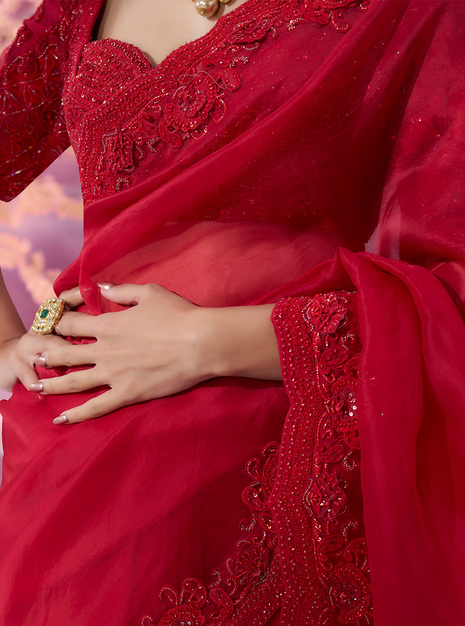 Red Saree 3d Work - Ankush Jain