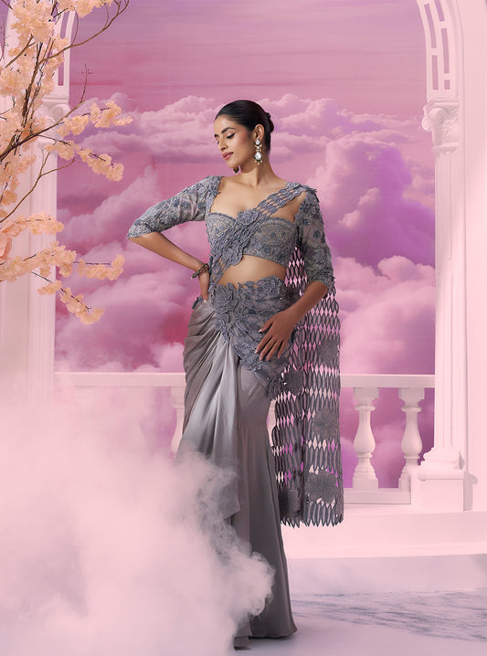 Grey Cutwork Drape Saree - Ankush Jain