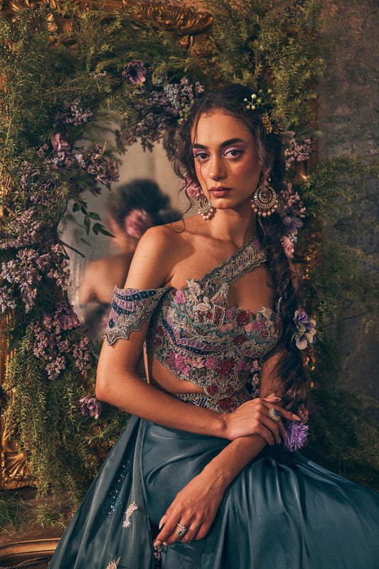 Teal blue story telling Veil skirt - Ankush Jain