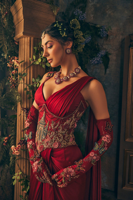 Corset Belt drape sarees with Gloves - Ankush Jain