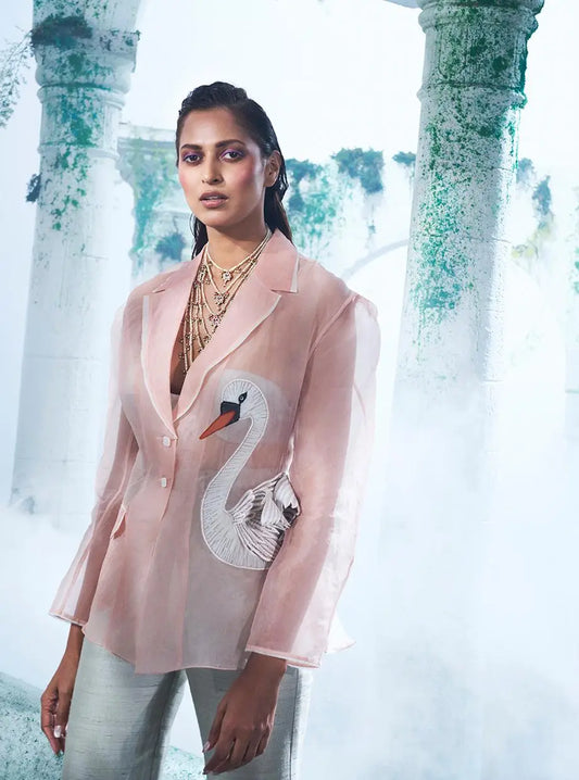 Carnation Pink Blazer With Light Champange Colour Pure Dupain Flared Pant - Ankush Jain