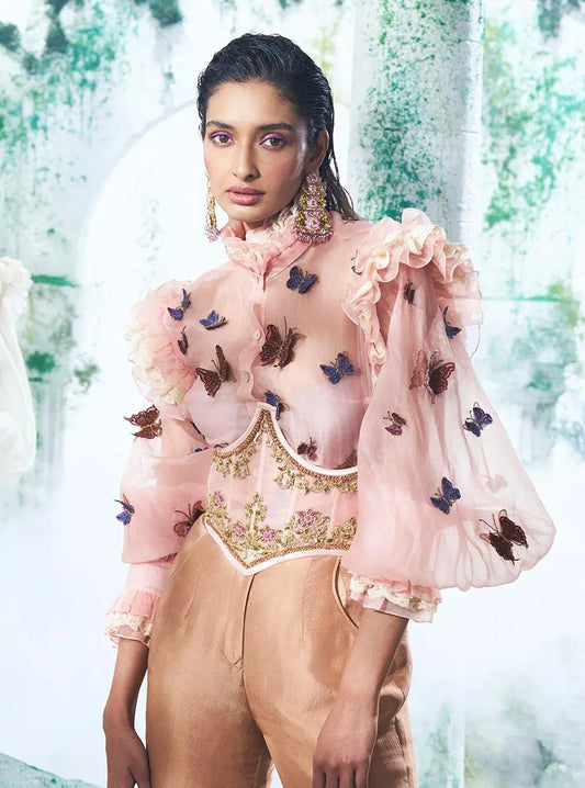 Carnation Pink Shirt With Pure Dupian Flared Pant - Ankush Jain