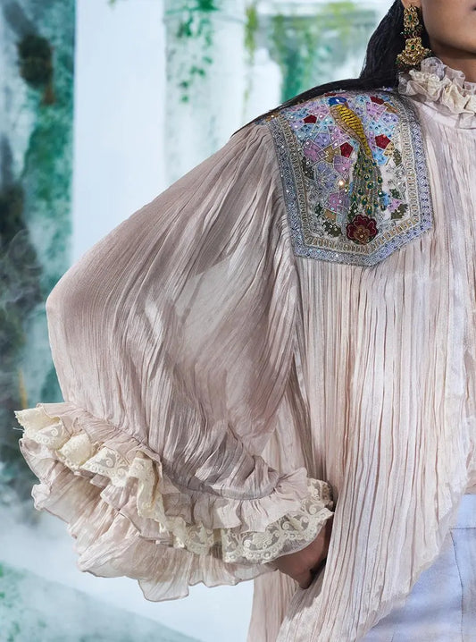 Chinon Chiffon Rushed Shirt In Dove Grey Colour Flared Pants In Same Colour - Ankush Jain