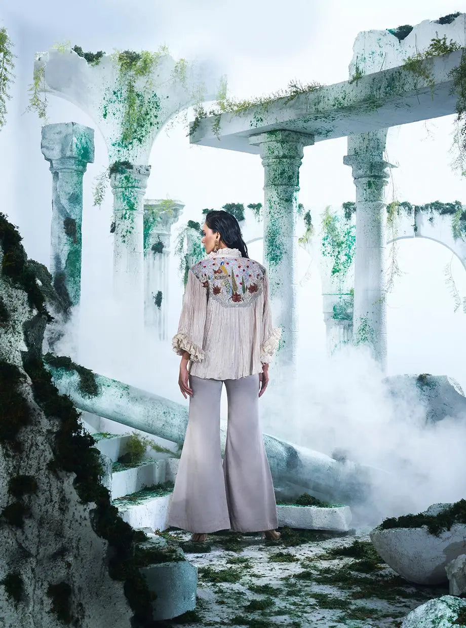 Chinon Chiffon Rushed Shirt In Dove Grey Colour Flared Pants In Same Colour - Ankush Jain