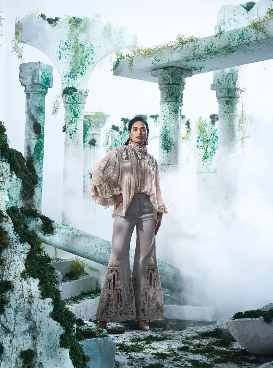 Chinon Chiffon Rushed Shirt In Dove Grey Colour Flared Pants In Same Colour - Ankush Jain