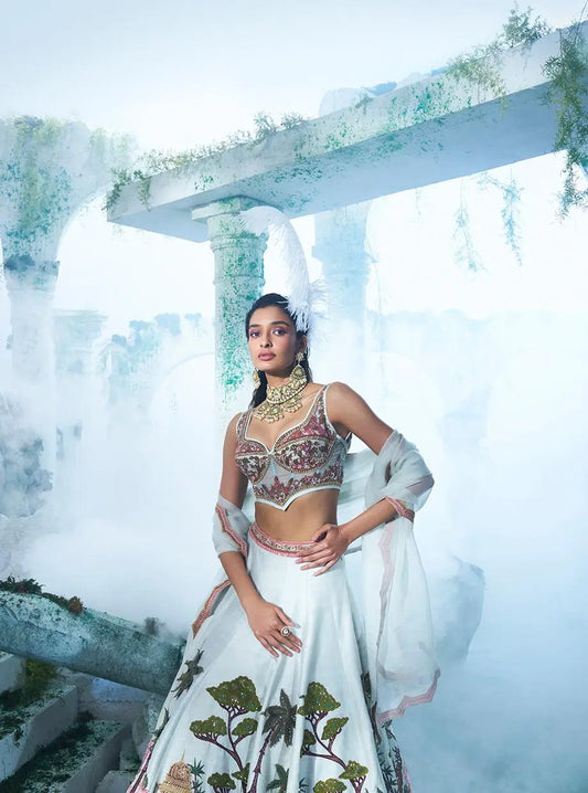 Dusty Green Raw Silk Lehenga Set - Ankush Jain