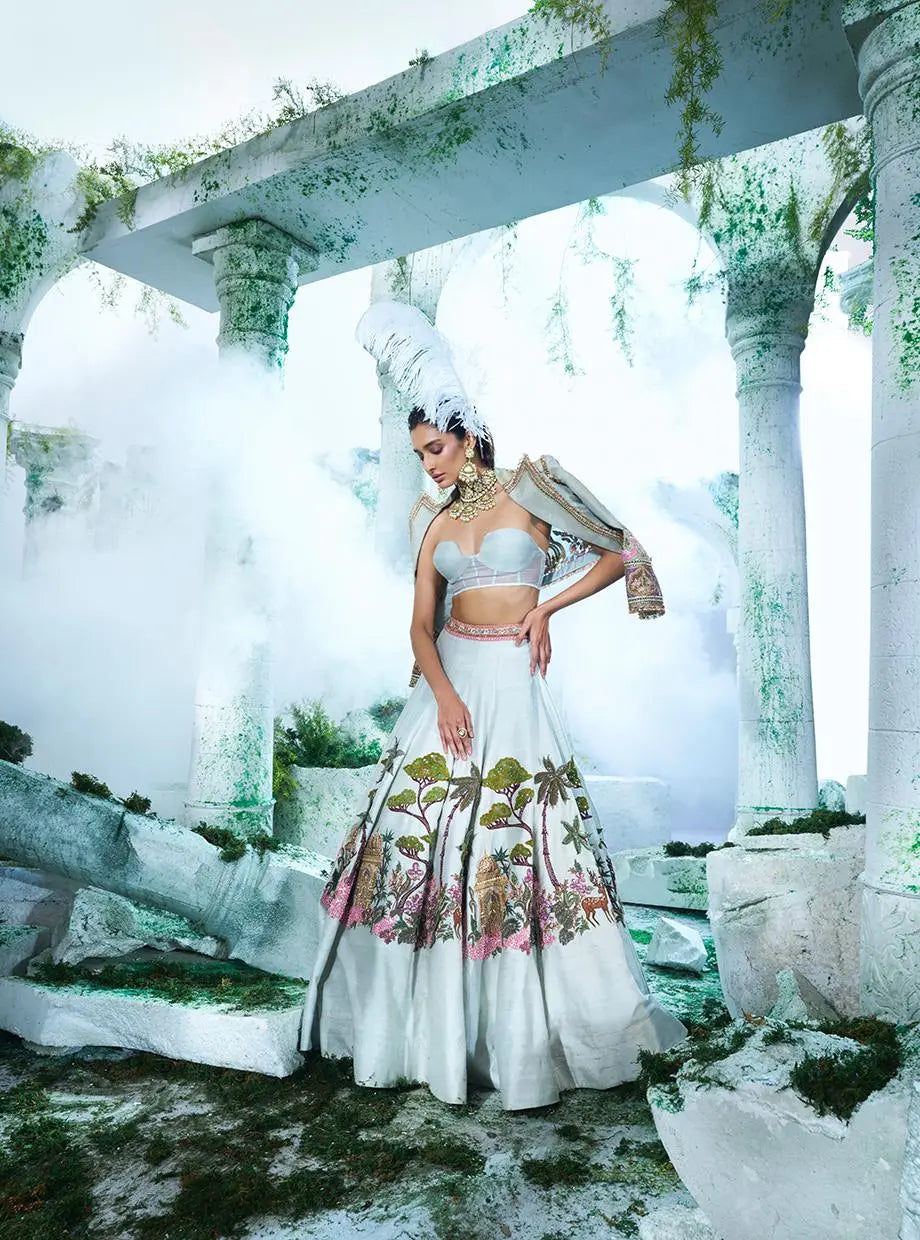 Dusty Green Raw Silk Lehenga Set - Ankush Jain