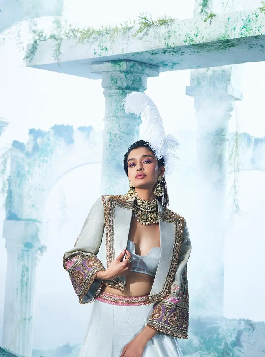 Dusty Green Raw Silk Lehenga Set - Ankush Jain