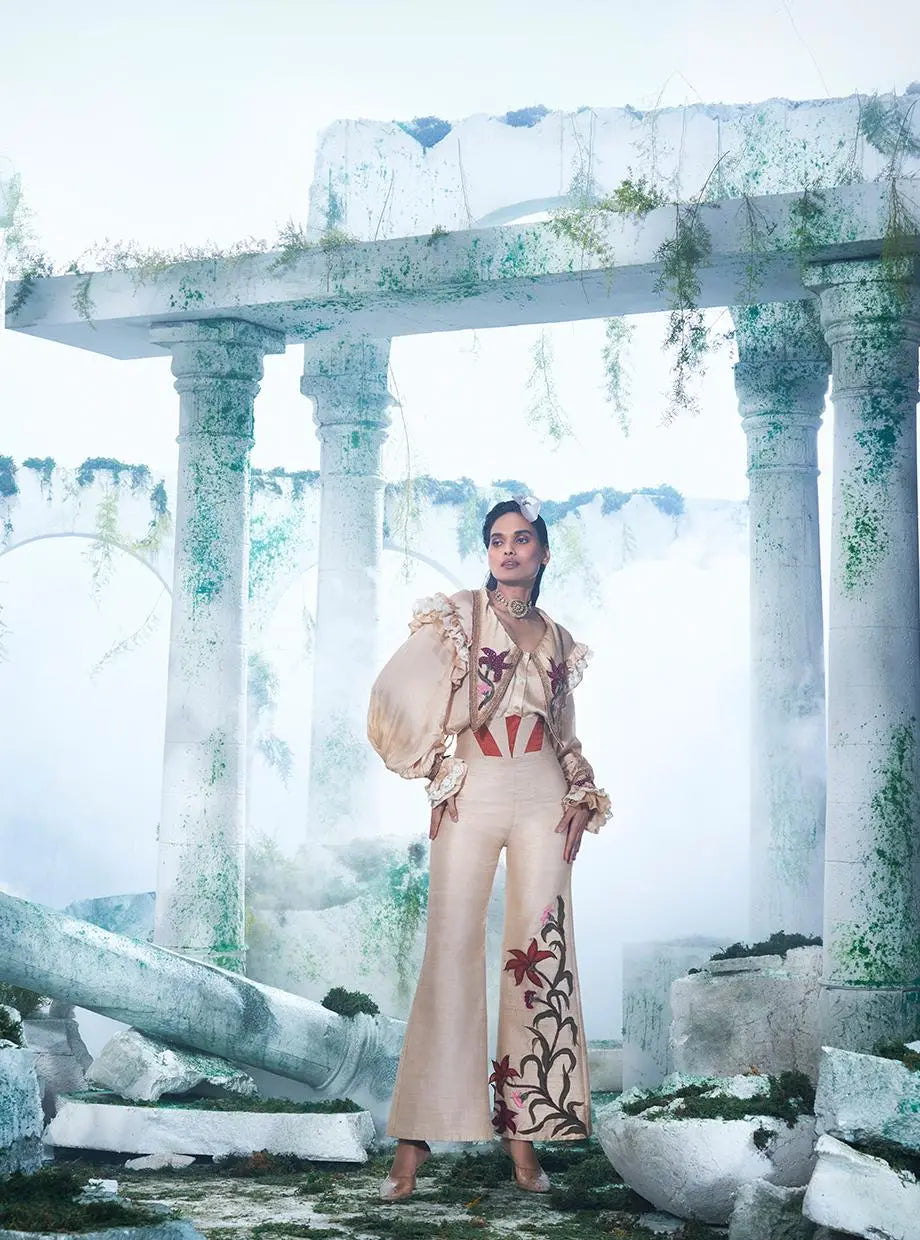 Modal Silk Balloons Sleeves Shirt With Swallowed-tail Collars Paired With High Waisted Corset Pant - Ankush Jain