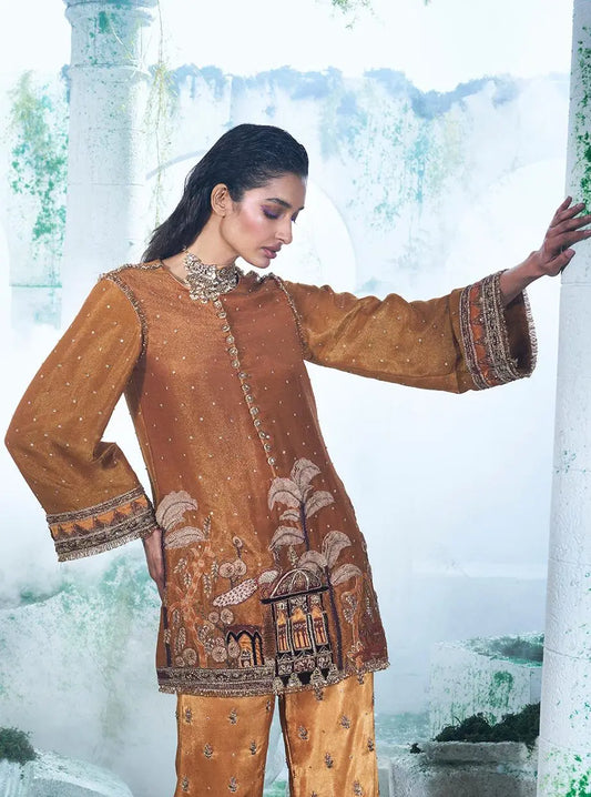 Mustard Coord Set Consists Of A Short Kurta Paired With Gajji Satin Pant - Ankush Jain