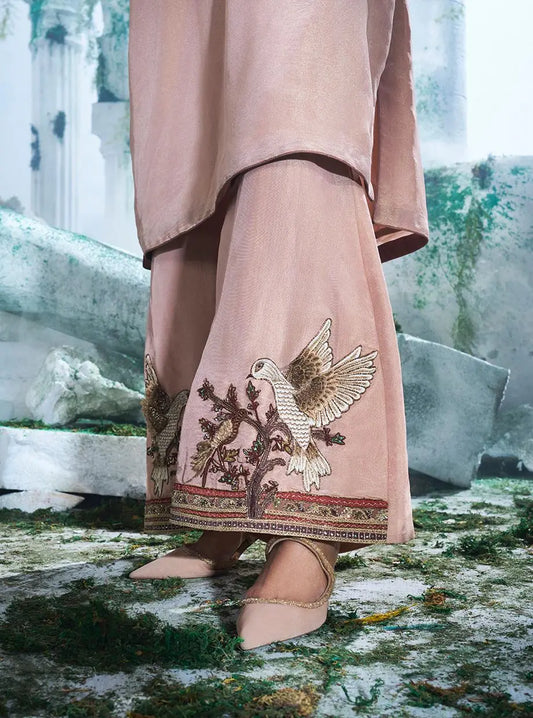 Peach Coord Set Consists Of A Foil Zari Georgette Kurta Paired With Flared Pant - Ankush Jain