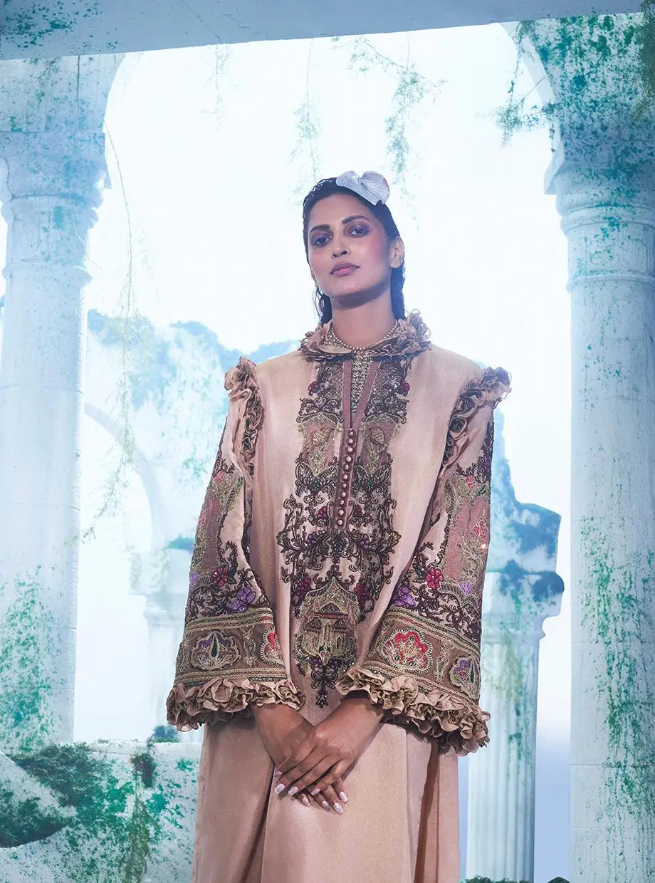Peach Coord Set Consists Of A Foil Zari Georgette Kurta Paired With Flared Pant - Ankush Jain