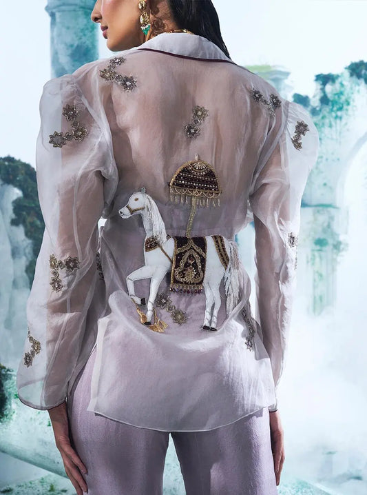 Puffed Sleeves Organza Blazer With Light Lavender Colour Pant - Ankush Jain