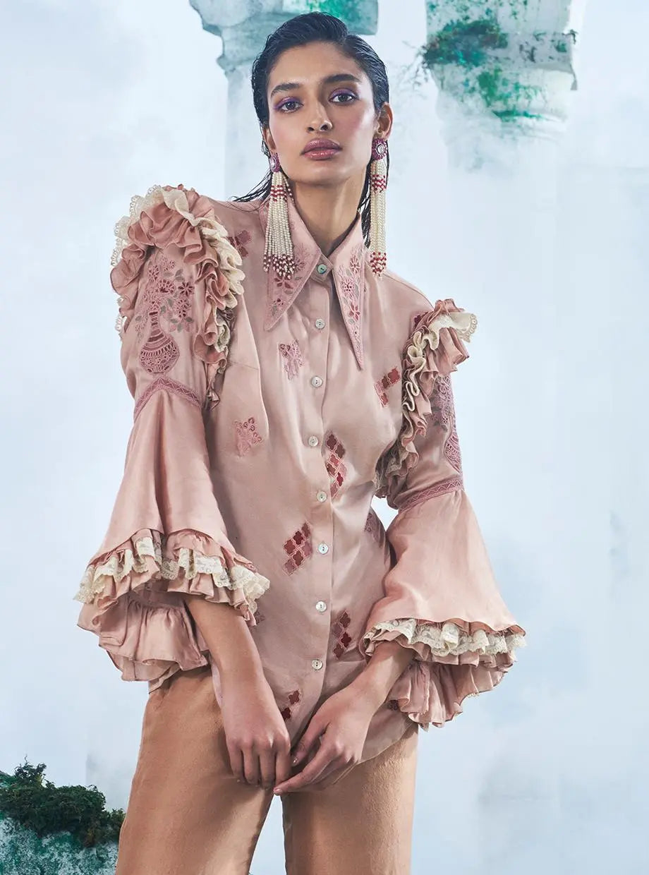 Salmon Peach Shirt Paired With Pure Dupian Flared Pant - Ankush Jain
