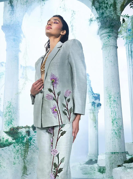 Sea Foam Light Grey Blazer Set - Ankush Jain