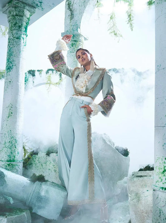 Soft Mint Green Crop Blazer Set - Ankush Jain