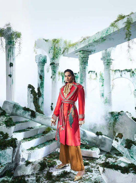 Two Toned ( Tones Of Tangerine And Meganta Pink) Trench Coat Paired With Chinon Chiffon Shirt With Victorian Styling And Pure Dupian Silk Flared Pant - Ankush Jain