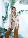 White Blazer With Big Embroidered Deer Paired With Pure Dupian Flared Pant - Ankush Jain