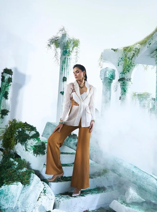 White Blazer With Big Embroidered Deer Paired With Pure Dupian Flared Pant - Ankush Jain