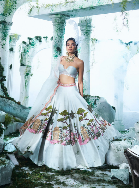 Dusty Green Raw Silk Lehenga Set - Ankush Jain