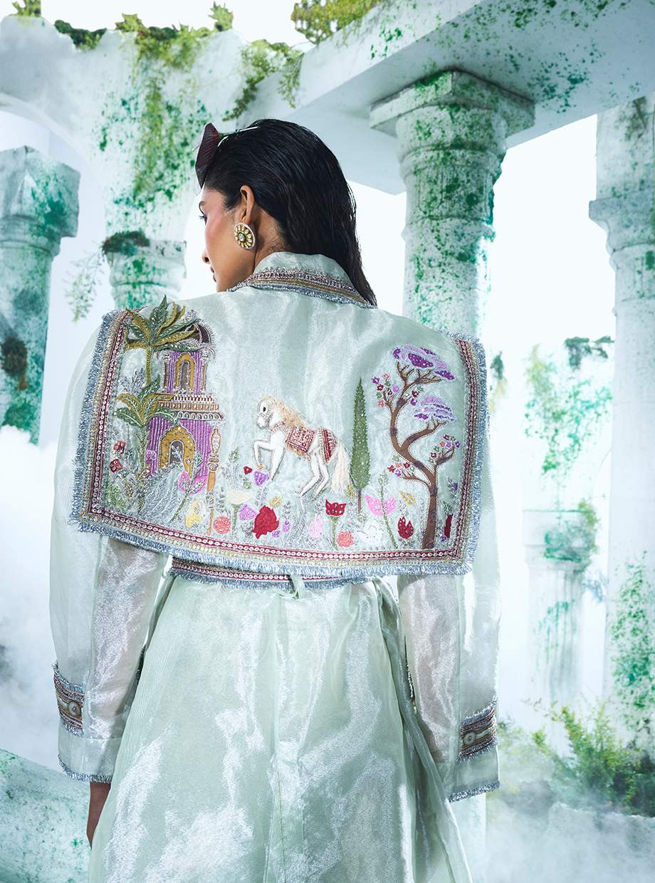 Soft Mint Green Trench Coat Paired With Gajji Satin Silk Corset Top And Pant - Ankush Jain