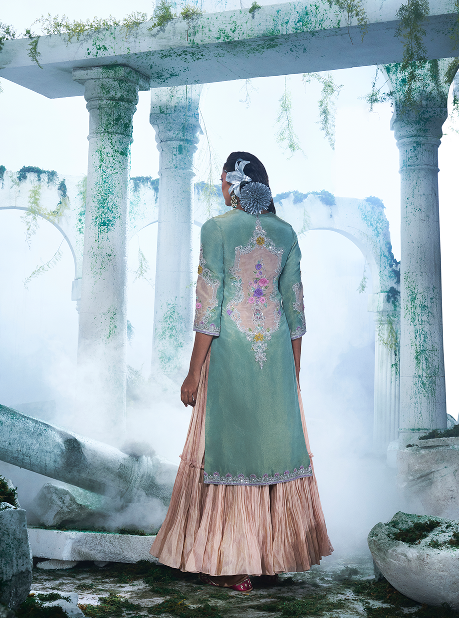 Soft Green Kurta Paired With A Flared Gown - Ankush Jain