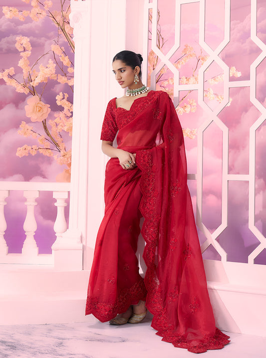 Red Grid Saree Tonal - Ankush Jain