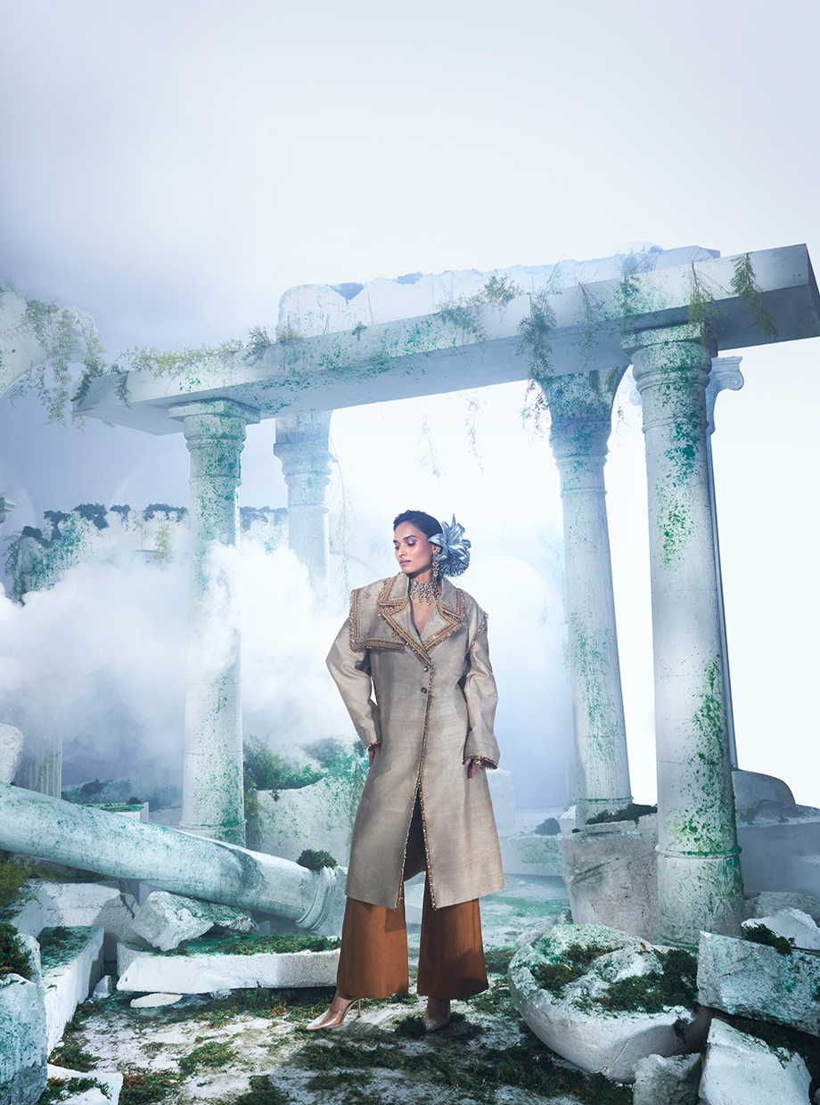 Deep Dusky Beige Size Friendly Trench Coat  Paired With Pure Dupian Silk Flared Pant - Ankush Jain