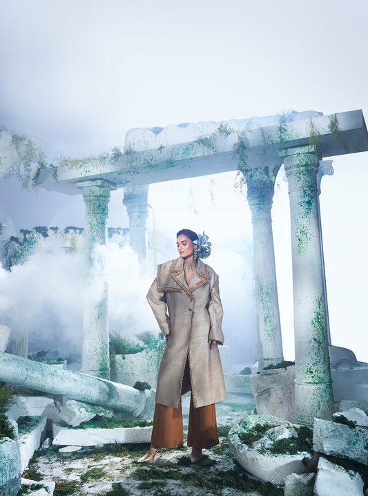 Deep Dusky Beige Size Friendly Trench Coat  Paired With Pure Dupian Silk Flared Pant - Ankush Jain