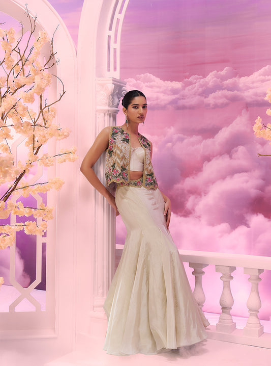 White Incut Jkt+mermiad Skirt - Ankush Jain