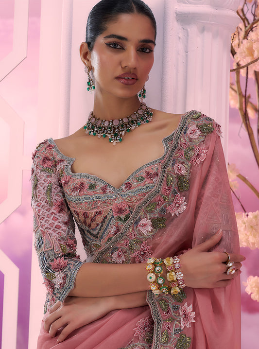 Pink Cutwork Panther Saree - Ankush Jain
