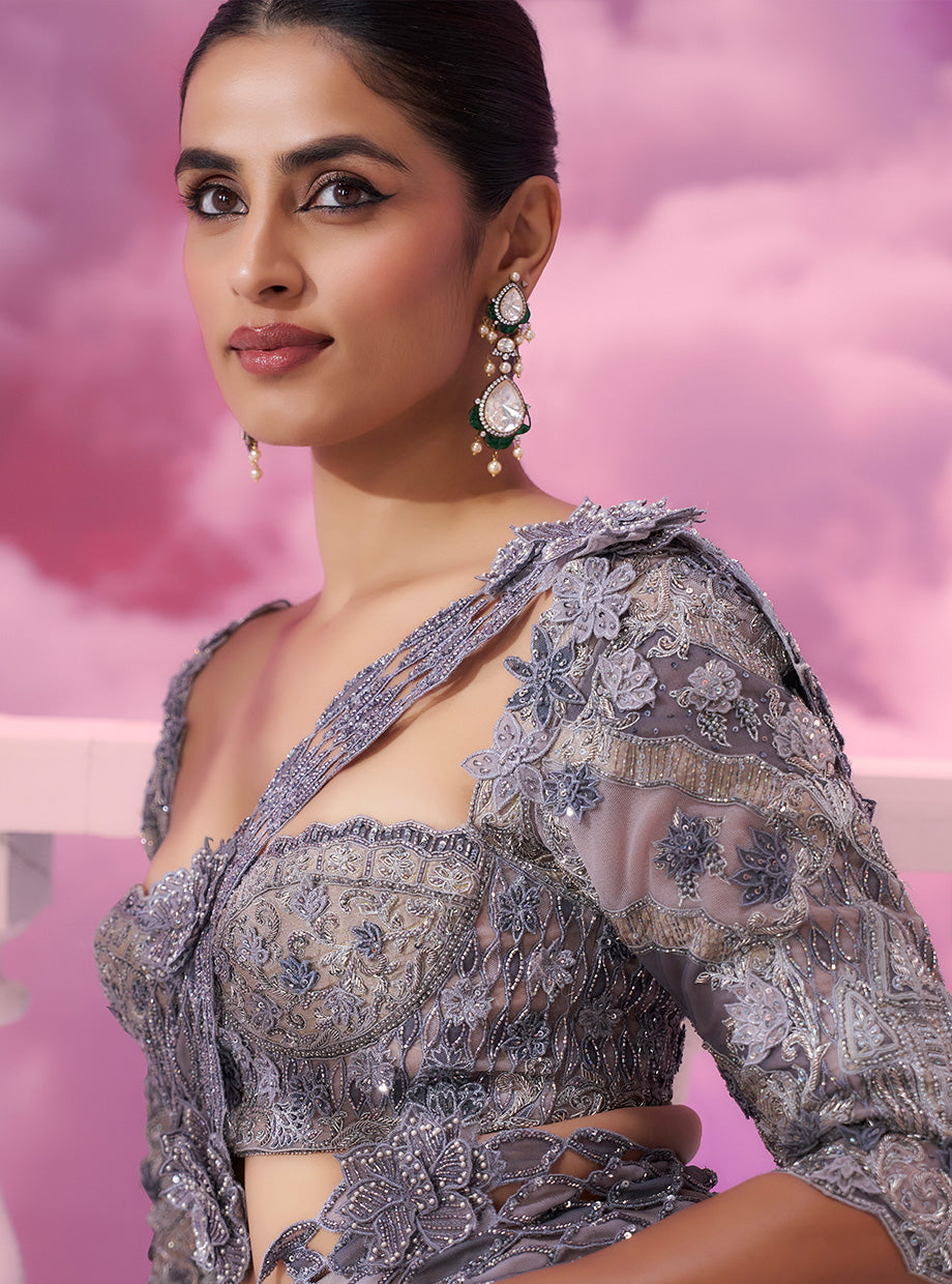 Grey Cutwork Drape Saree - Ankush Jain