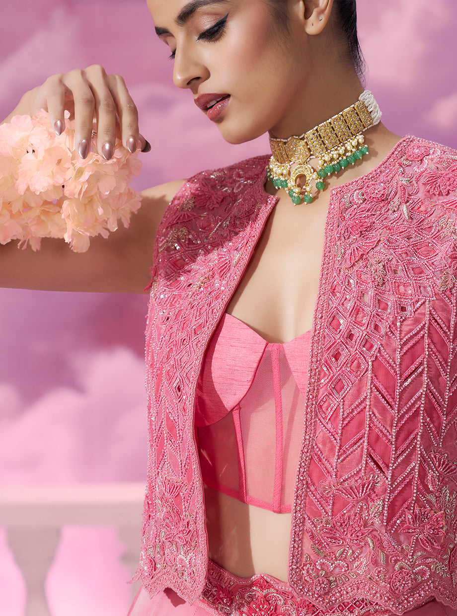 Pink Incut JKT+Mermaid Skirt - Ankush Jain