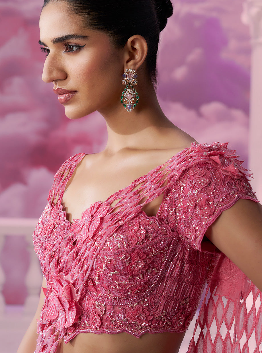 Pink Cutwork Drape Saree - Ankush Jain