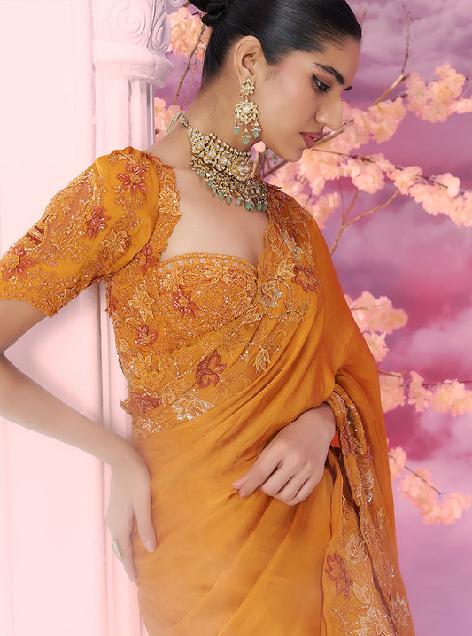 Organge Satin Organza Saree - Ankush Jain