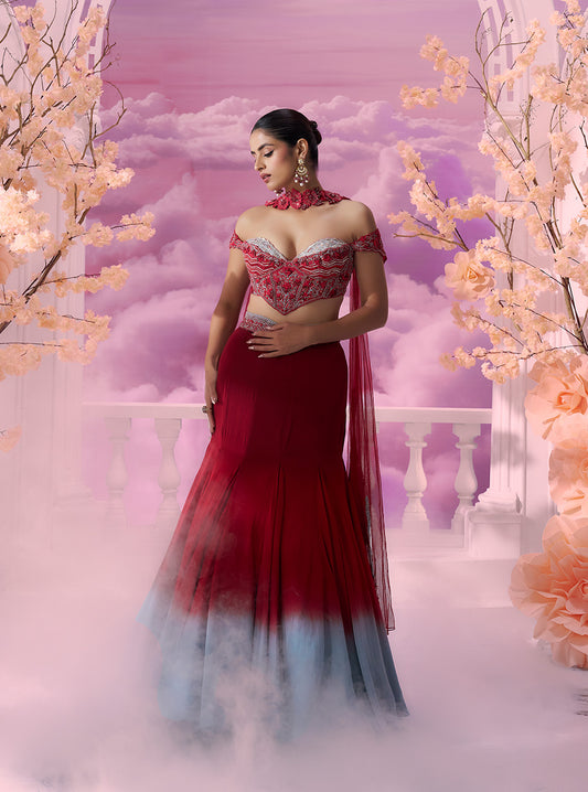 Red Grey Fish Cut Skirt Out Fit - Ankush Jain