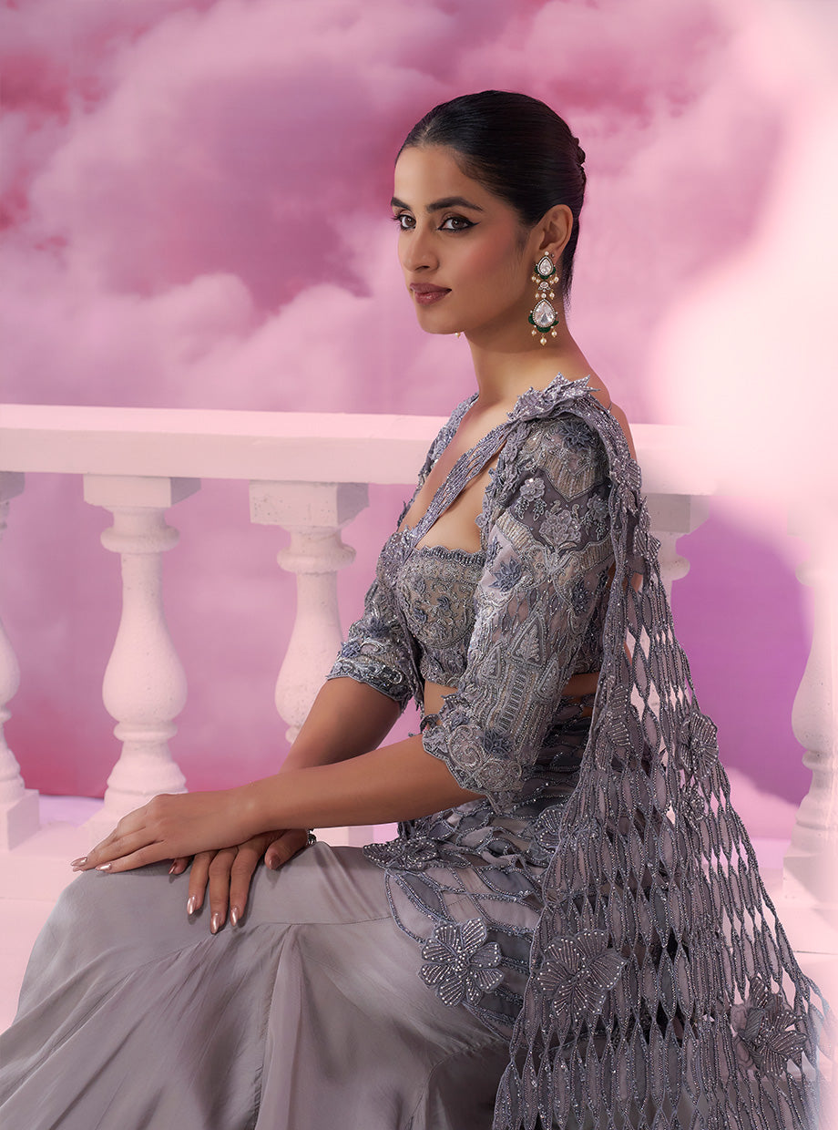Grey Cutwork Drape Saree - Ankush Jain