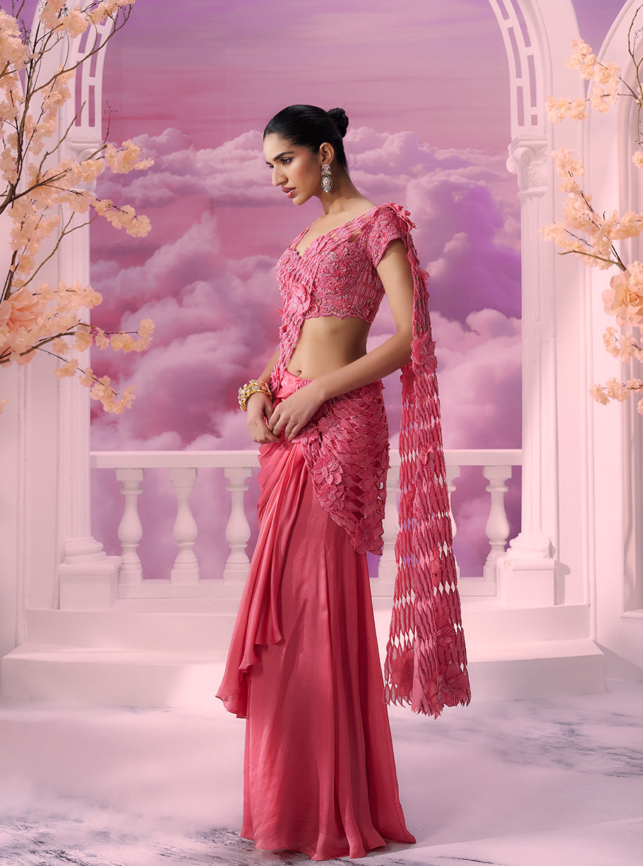 Pink Cutwork Drape Saree - Ankush Jain